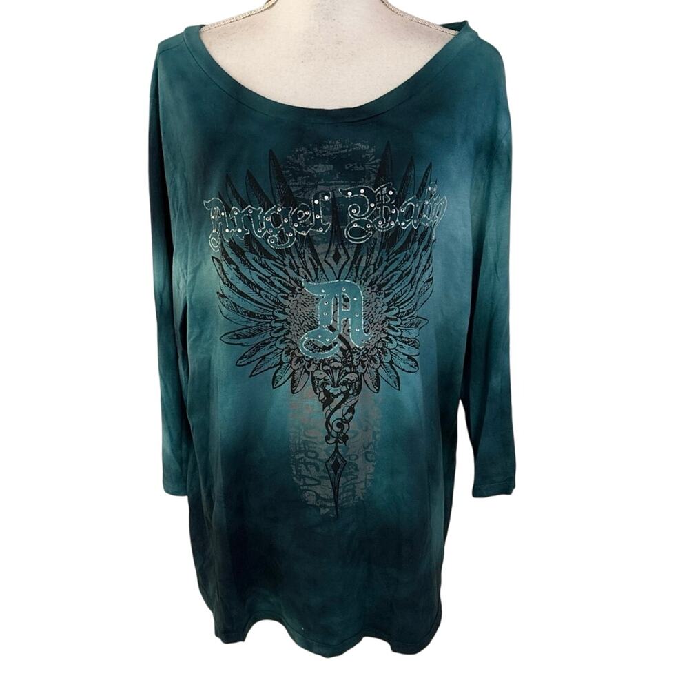 Venezia Plus Sz 18 20 Angel Baby Tee T Shirt Bling Embellished Y2K Tie Dye Teal